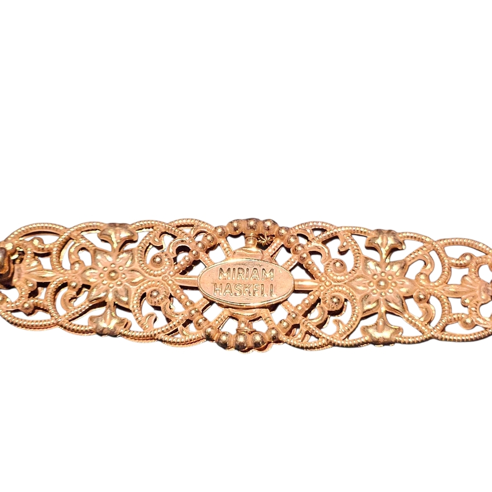 Miriam Haskell Gilded Filigree Bar Pin Vintage Gold Tone Floral Signed - Picture 7 of 9
